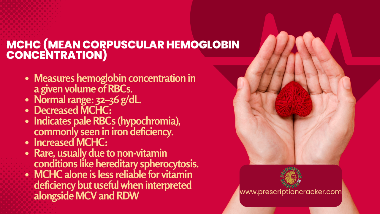 MCHC (Mean Corpuscular Hemoglobin Concentration) Measures hemoglobin concentration in a given volume of RBCs. Normal range: 32–36 g/dL. Decreased MCHC: Indicates pale RBCs (hypochromia), commonly seen in iron deficiency. Increased MCHC: Rare, usually due to non-vitamin conditions like hereditary spherocytosis. MCHC alone is less reliable for vitamin deficiency but useful when interpreted alongside MCV and RDW