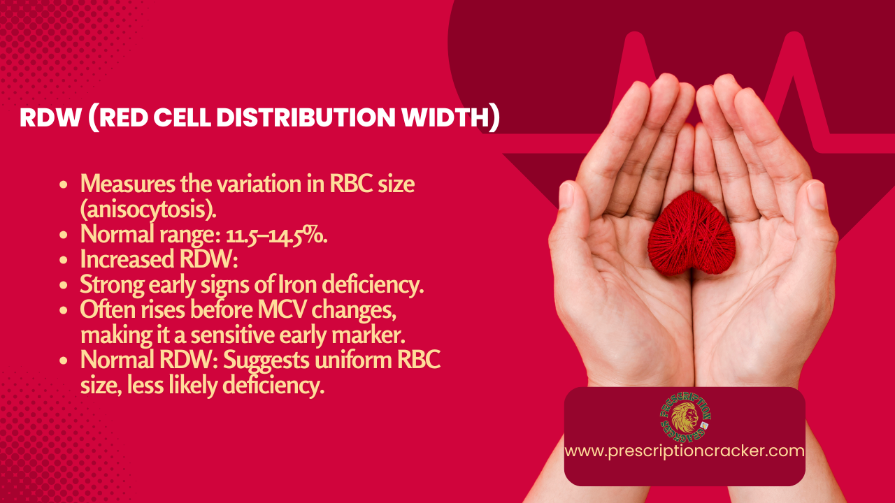 RDW (Red Cell Distribution Width) Measures the variation in RBC size (anisocytosis). Normal range: 11.5–14.5%. Increased RDW: Strong early signs of Iron deficiency. Often rises before MCV changes, making it a sensitive early marker. Normal RDW: Suggests uniform RBC size, less likely deficiency.